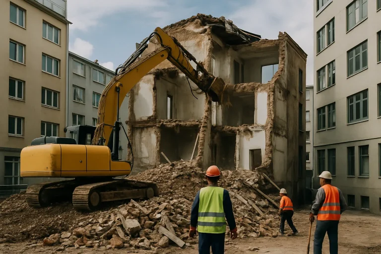 Scène de chantier urbain avec démolition en cours, bâtiments partiellement détruits.