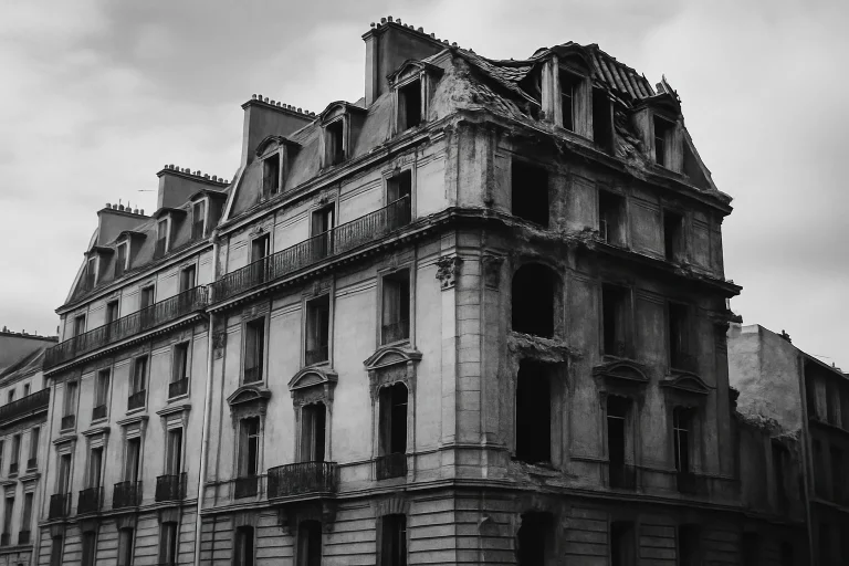 Bâtiment endommagé à Paris, vue de rue en noir et blanc, contraste élevé.
