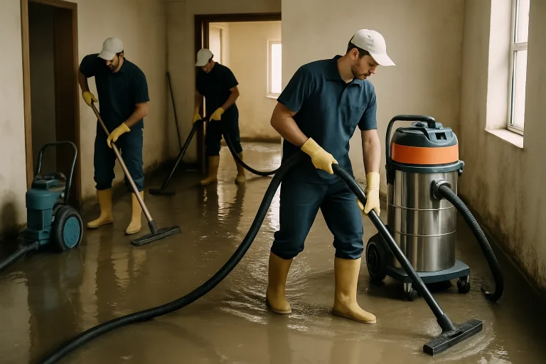 Équipe de nettoyage utilisant des équipements modernes dans un bâtiment inondé.