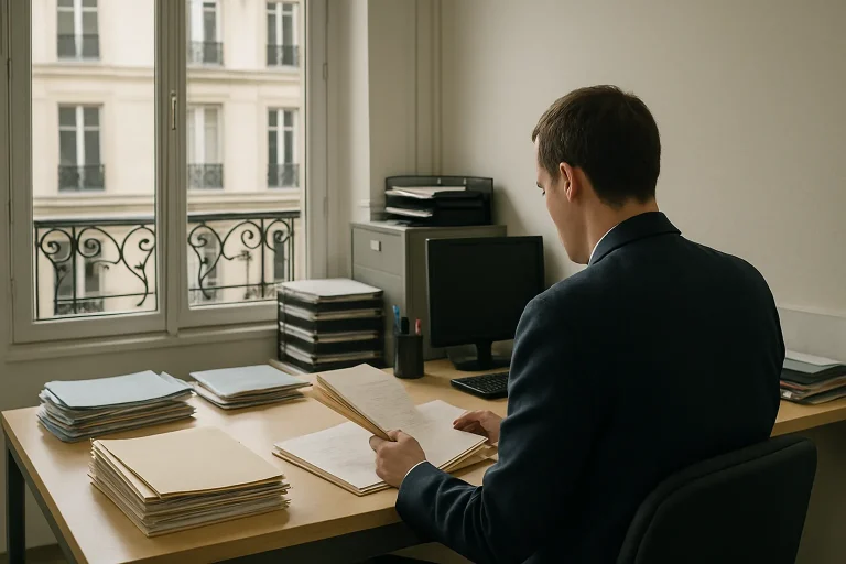Fonctionnaire de dos regardant des dossiers sur un bureau dans un bureau administratif parisien