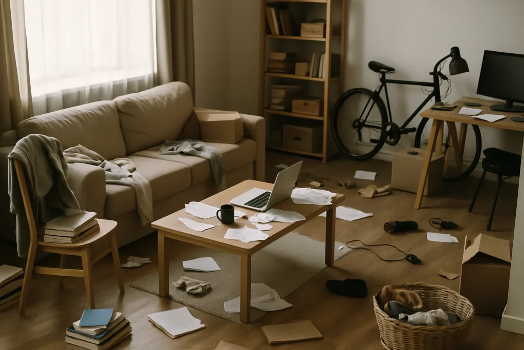 Intérieur d'une pièce encombrée à Paris avec des objets éparpillés, lumière douce.