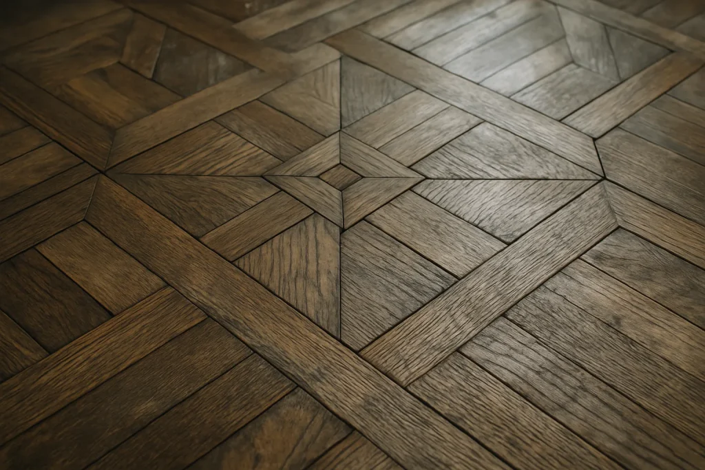 Gros plan d'un parquet ancien montrant des motifs complexes et une texture usée.