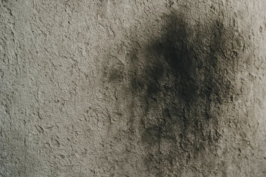 Gros plan sur une texture de mur rugueux couvert de traces de suie après un incendie.