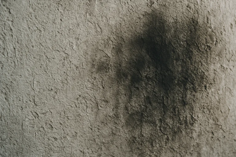 Gros plan sur une texture de mur rugueux couvert de traces de suie après un incendie.