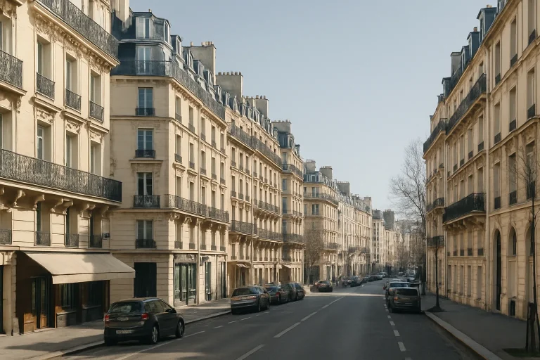 Rue parisienne avec des bâtiments haussmanniens, lumière du jour, impact post-sinistre