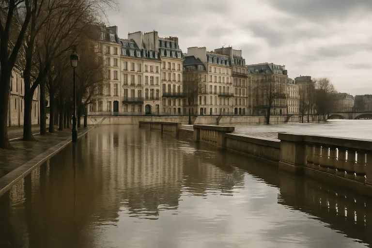 Quai de la Seine inondé à Paris avec reflets d'eau et bâtiments en arrière-plan.
