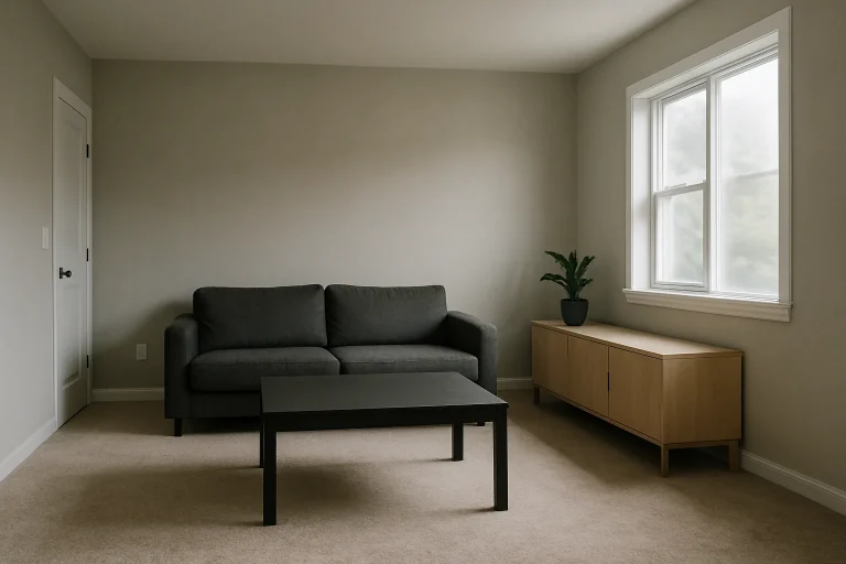 Intérieur rénové après incendie, murs clairs, fenêtre ouverte, air pur visible.