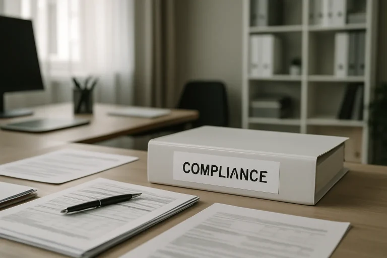 Documents de conformité posés sur une table, éclairage doux, bureau professionnel.