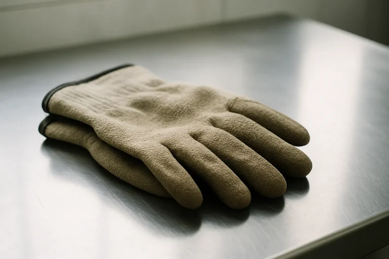 Gros plan sur des gants de protection sur une table en acier inoxydable, éclairage naturel