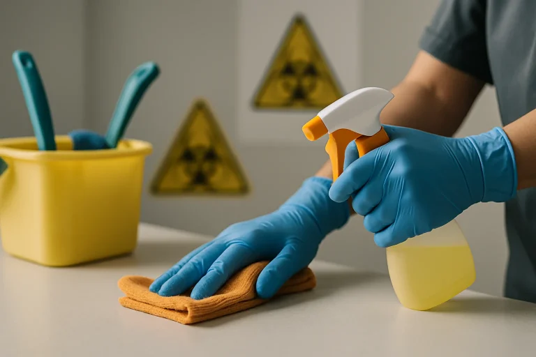 Des mains gantées manipulant des équipements de nettoyage avec symboles biohazard en arrière-plan.