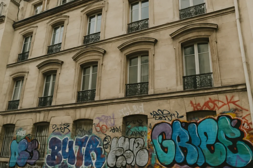 Façade de bâtiment parisien en pierre calcaire avec graffitis colorés.