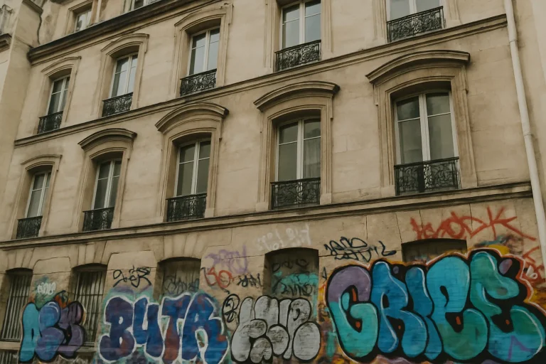 Façade de bâtiment parisien en pierre calcaire avec graffitis colorés.