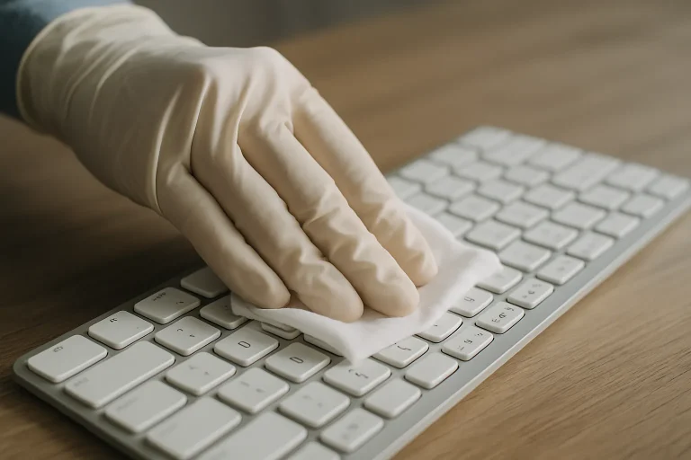 Main gantée nettoyant un clavier d'ordinateur avec une lingette désinfectante.