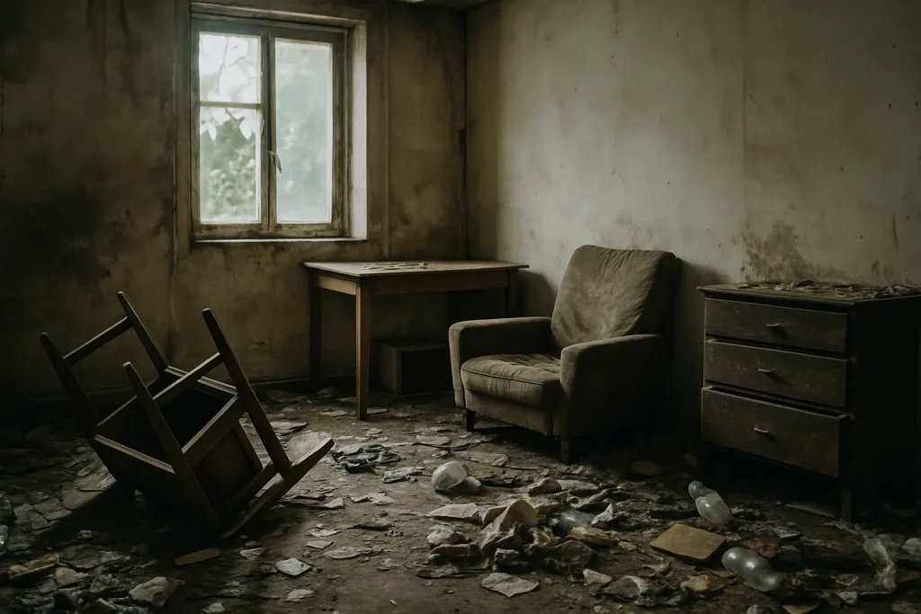 Squat parisien abandonné avec meubles renversés et détritus.
