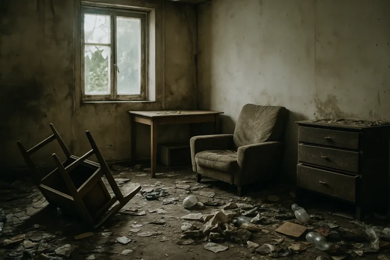 Squat parisien abandonné avec meubles renversés et détritus.