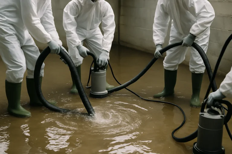 Équipe de nettoyage évacuant l'eau d'un sous-sol inondé avec des pompes.