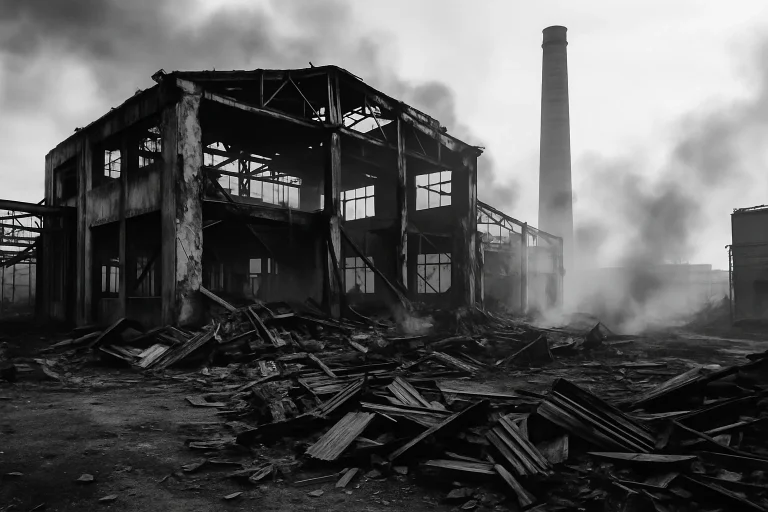 Site industriel avec dommages causés par un incendie, fumée résiduelle visible, ambiance de désolation