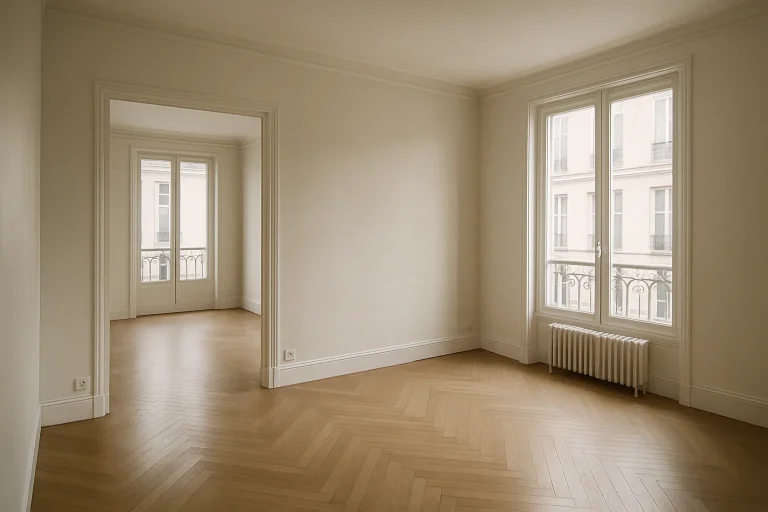 Appartement parisien vide, propre, avec lumières naturelles entrant par les fenêtres.
