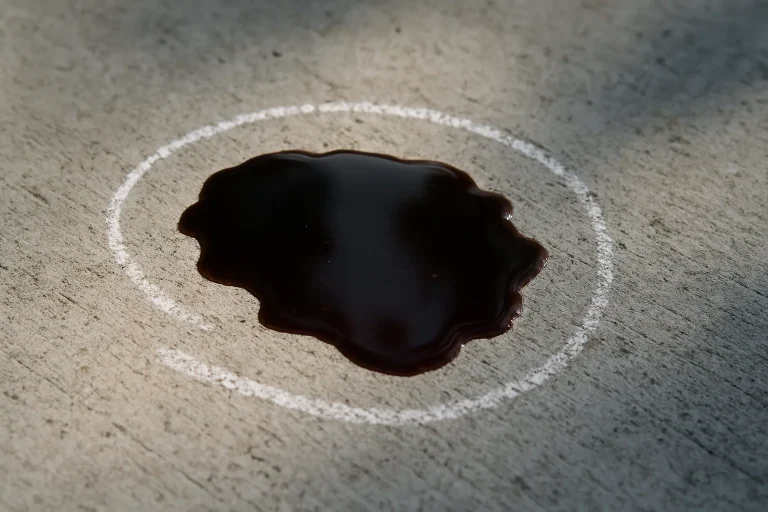 Vue rapprochée d'une flaque de liquide sur sol en béton marqué, lumière naturelle.