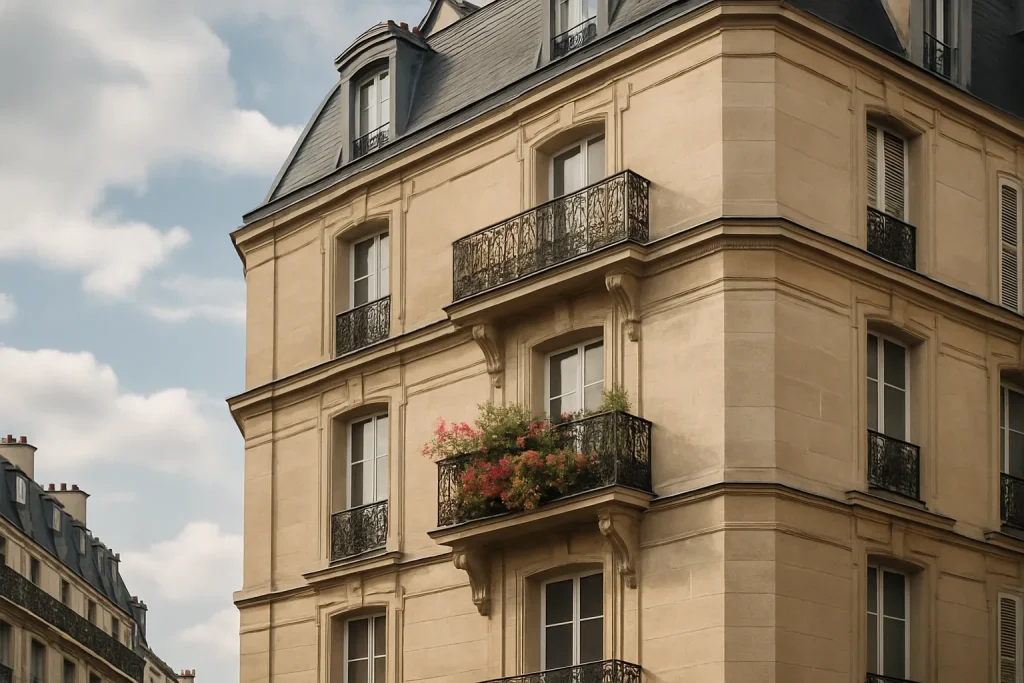 Façade d'un immeuble résidentiel parisien avec balcon fleuri.