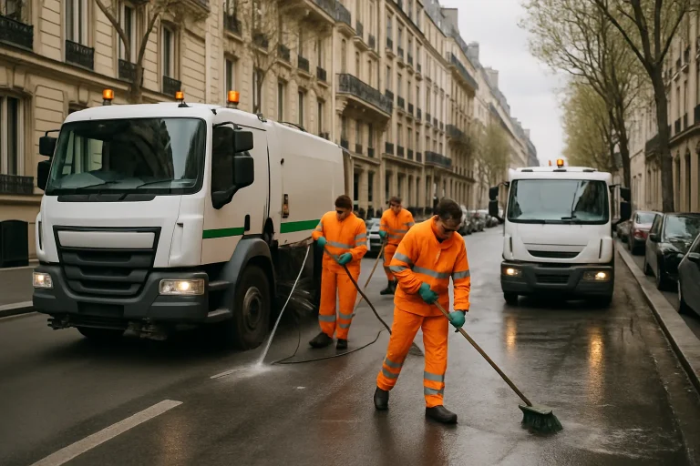 Rue parisienne avec véhicules municipaux et équipes de nettoyage en action, lumière du jour.
