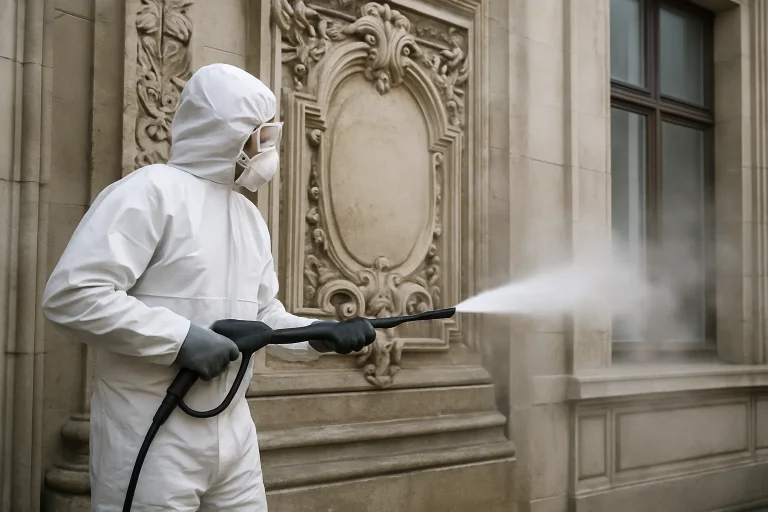 Technicien utilisant un nettoyeur basse pression sur une façade historique pour enlever des graffitis
